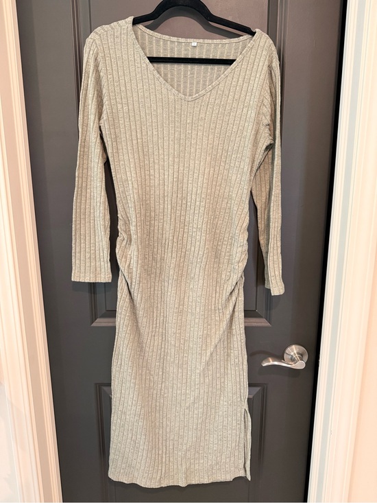 Dresses & Skirts - Maternity Ribbed V-Neck Long Sleeve Dress — Beige